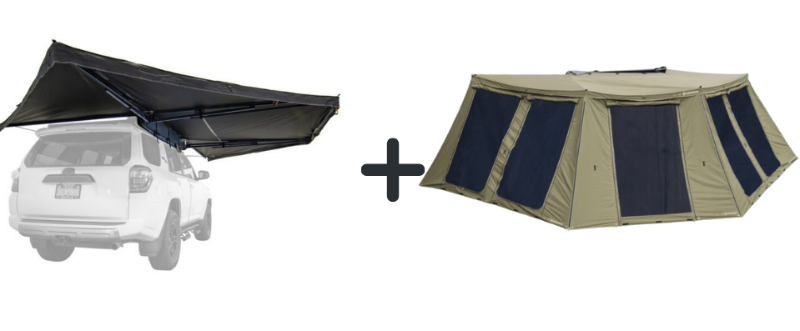 Image of 270-degree vehicle-mounted awning fully deployed from white SUV alongside matching khaki annex tent with large mesh windows, angled side view on white background.