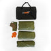 Image of the 23ZERO Peregrine Awning and its components laid out on a white background. The full kit includes a black carrying bag with the company logo, three separate folded green fabric walls, a small bag of stakes, and a pile of orange ropes