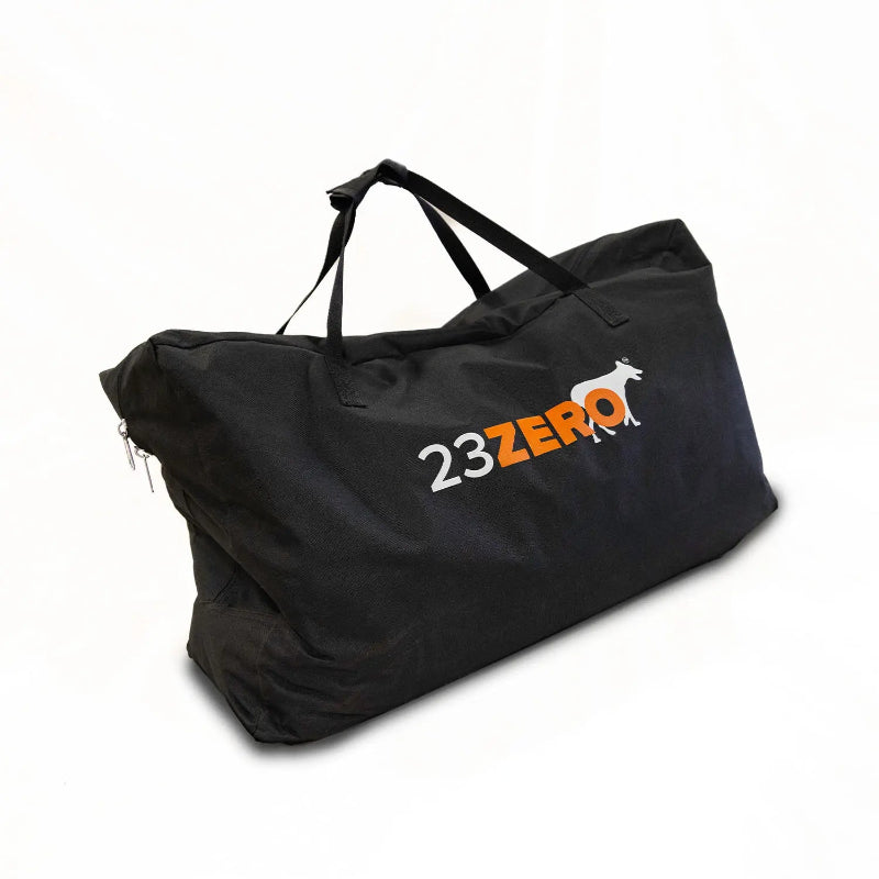 Image of the 23ZERO Peregrine Awning black carry bag with the company logo in orange and white. The durable bag has two carry handles and a zipper on the front, angled on a white background