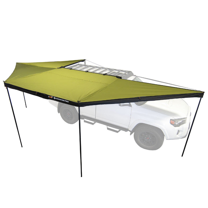 Image of Peregrine Pro 5-arm awning fully deployed, green fabric with black underside, angled front and top view on white vehicle with white background