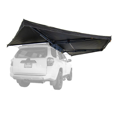 Image of Peregrine Pro 270° 5-arm awning fully deployed, black fabric, angled rear view with vehicle in background on white