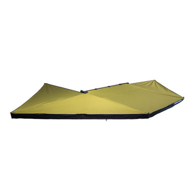 Image of Peregrine Pro 5-arm awning fully deployed, green fabric with black underside, angled front and top view on white background
