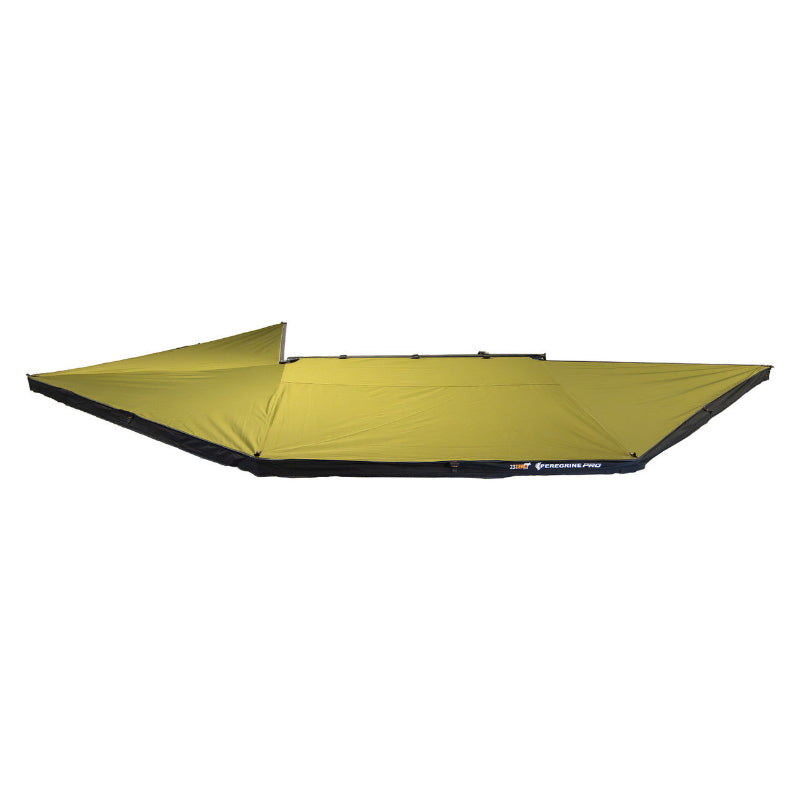 Image of Peregrine Pro 5-arm awning fully deployed, green fabric with black underside, top view on white background