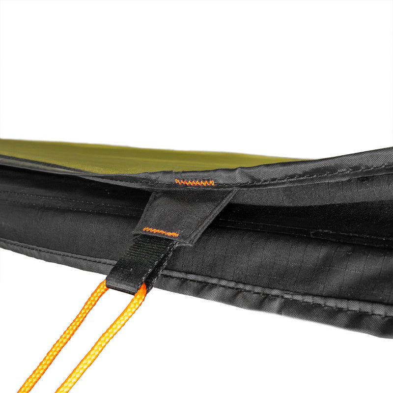 Close-up image of guy rope tab on Peregrine Pro 5-arm awning, orange stitching on black fabric, detailed shot on white background