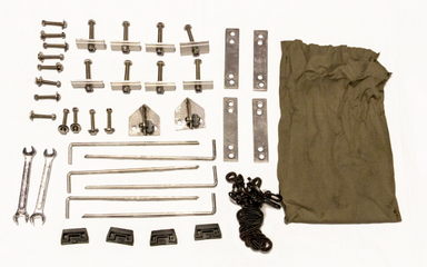 Image of rooftop tent mounting hardware kit including bolts, brackets, clamps, wrenches, tie-down cords and storage bag, components neatly arranged top view on white background