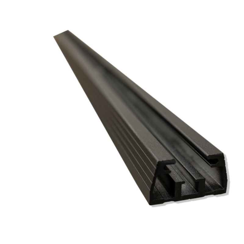 Image of aluminum rooftop tent mounting rail with black anodized finish, long extruded profile shown angled side view on white background
