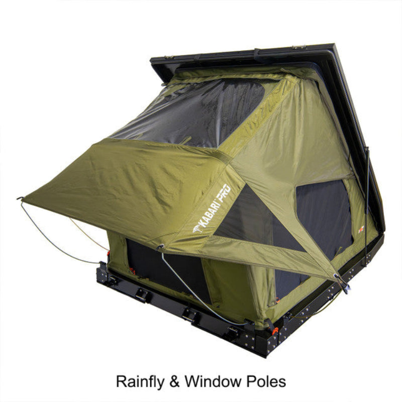 Angled rear-side view of  Green Kabari Pro Rooftop Tent with stargazing window, mesh panels, and extended rainfly on white background