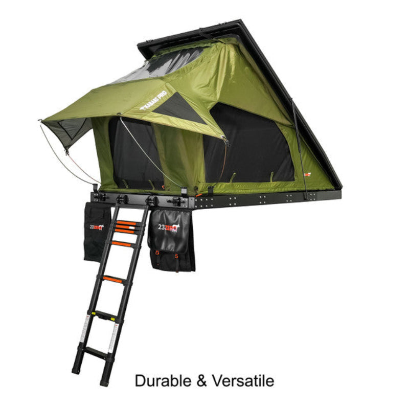 Image of Green Kabari Pro Hardshell Rooftop Tent with ladder extended on white background