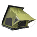 Image of Green Kabari Pro Rooftop Tent partially deployed on black base, angled front and side view with mesh windows on white background