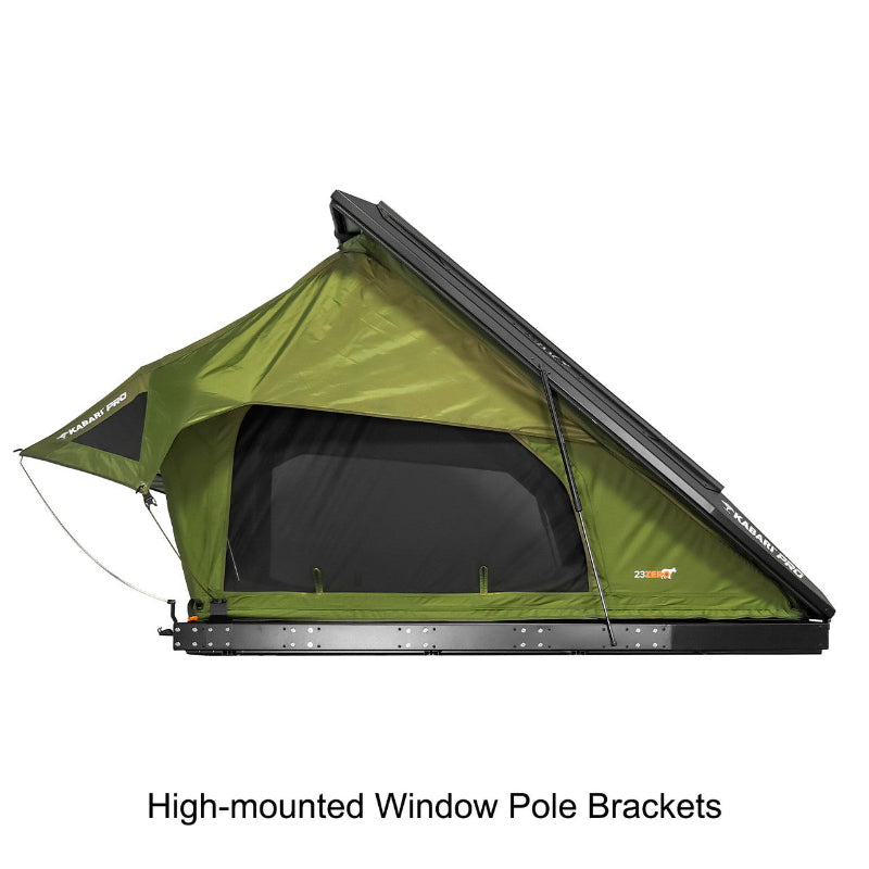 Image of Green Kabari Pro Rooftop Tent side view with window pole brackets, black hard shell base, partially open on white background