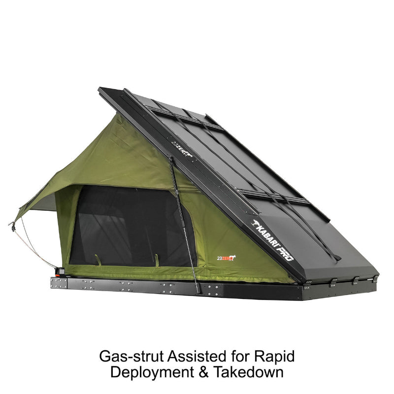 Image of Green Kabari Pro Rooftop Tent angled side view partially open with gas-strut assisted black hard shell on white background
