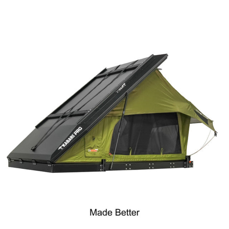 Image of Green Kabari Pro rooftop tent open with green canopy, mesh windows, and black clamshell design on white background