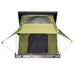 Image of Green Kabari Pro Rooftop Tent Front view with canopy extended and window cover open, partially deployed on white background
