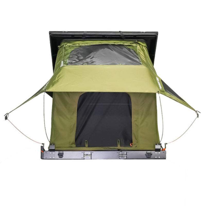 Image of Green Kabari Pro Rooftop Tent Front view with canopy extended and window cover open, partially deployed on white background