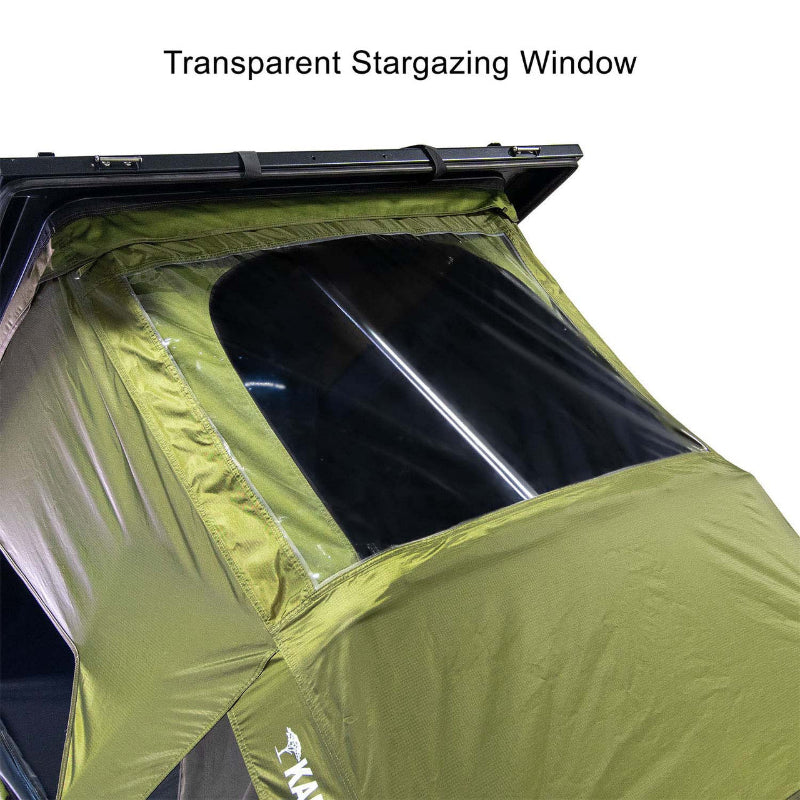 Close-Up Image of Green 23ZERO Kabari Pro Rooftop Tent with transparent stargazing window on white background