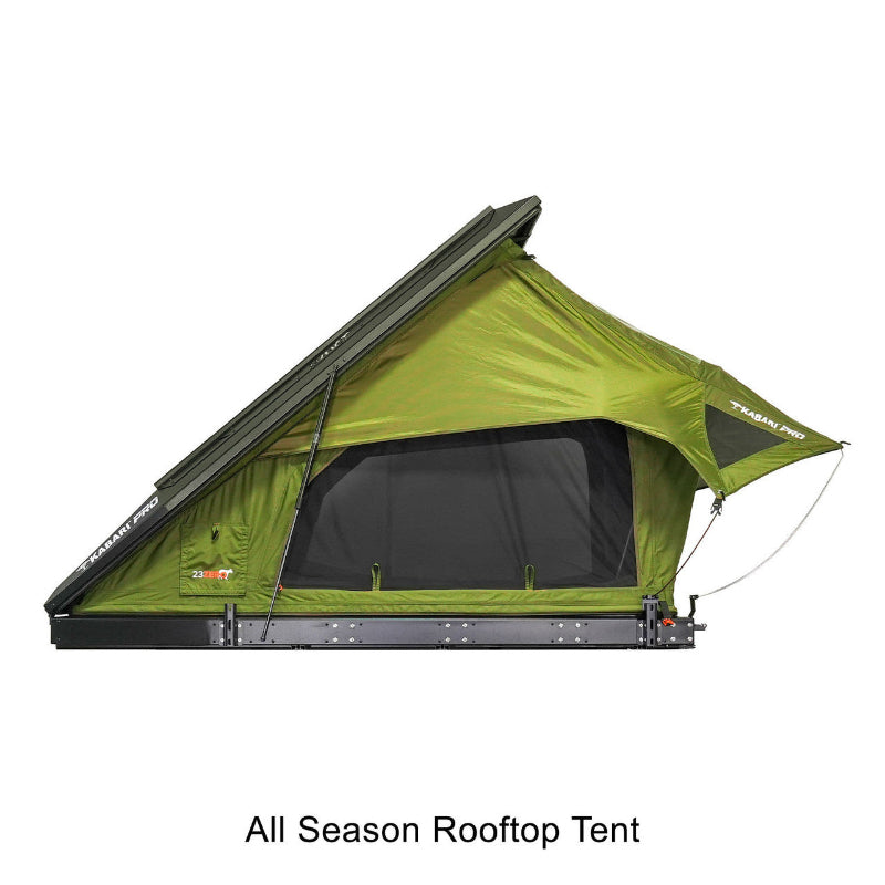 Side view of Green Kabari Pro Rooftop Tent fully extended with black clamshell base and mesh window on white background
