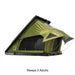 Angled side view of Green Kabari Pro Rooftop Tent with extended awning and black clamshell shell on white background