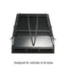 Top view of closed Green Kabari Pro rooftop tent with black aerodynamic hard shell, branded side panels, and securing straps on white background