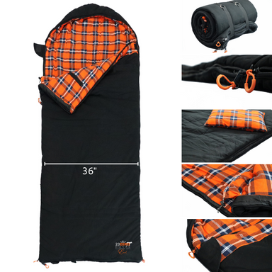 Image of a 23ZERO Royal King Swag sleeping bag in black with an orange and blue plaid flannel interior, featuring multiple close-up views of the fabric, zipper, and a rolled-up version, with a 36-inch width measurement.