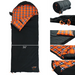 Image of a 23ZERO Royal King Swag sleeping bag in black with an orange and blue plaid flannel interior, featuring multiple close-up views of the fabric, zipper, and a rolled-up version, with a 36-inch width measurement.