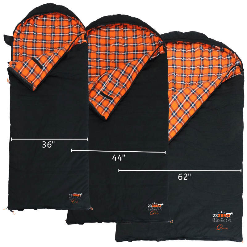 Image displaying three black 23ZERO Royal Swag sleeping bags in different widths: 36" (King), 44" (Duke), and 62" (Queen), each featuring an orange and blue plaid flannel interior.