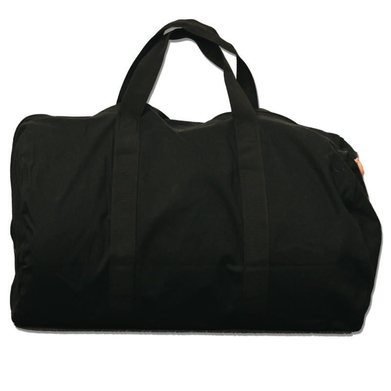 Image of a plain black duffel bag with two top handles, presented on a white background with a subtle shadow.