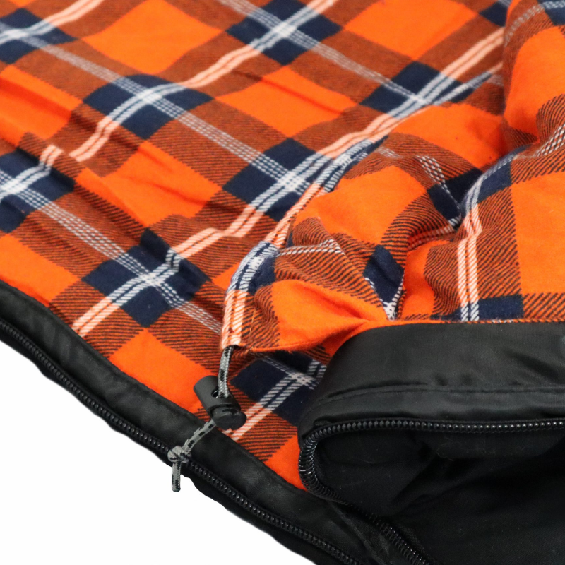 Image of a close-up of a sleeping bag with a vibrant orange, blue, and white plaid flannel interior, featuring a black zipper detail along the edge.