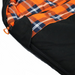 Image of a black sleeping bag with an orange, blue, and white plaid flannel interior, featuring an open zipper with an orange pull tab.