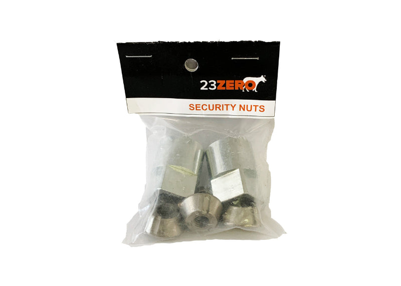 Image of 23ZERO rooftop tent security nuts packaged in a clear bag, metal hardware set shown front view on white background