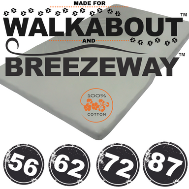 Image of 100% cotton fitted sheet made for Walkabout and Breezeway mattresses, grey fabric corner view with size options 56, 62, 72, and 87 displayed on white background.