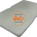 Image of grey 100% cotton fitted mattress sheet with printed cotton emblem, angled front corner view on white background.