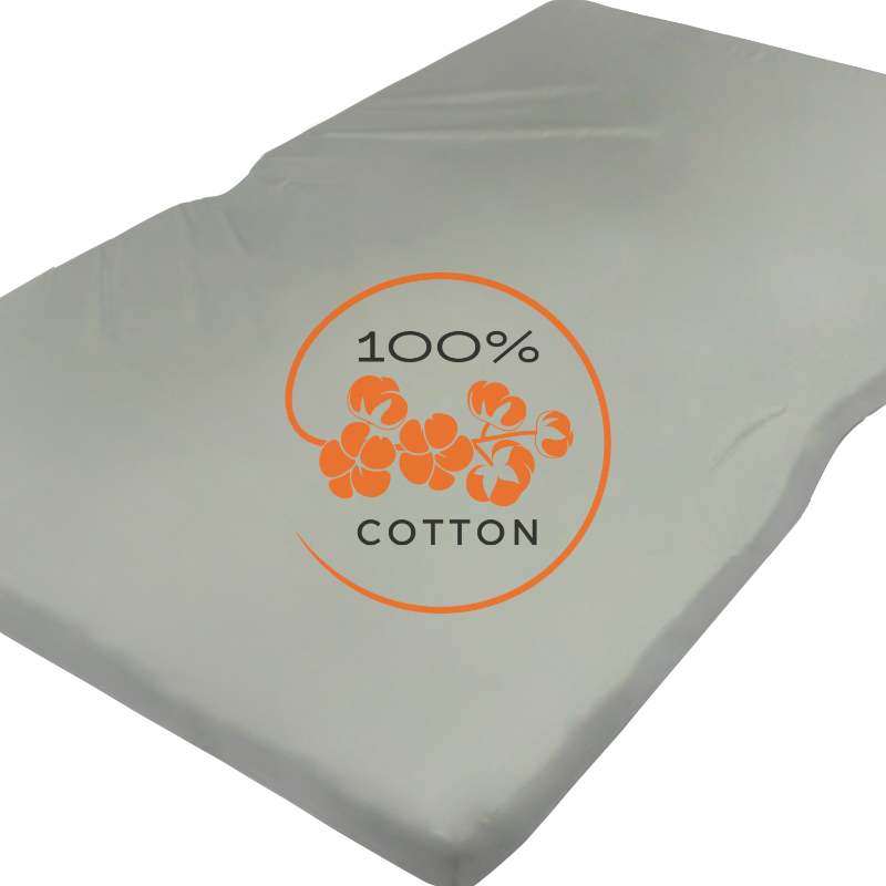 Image of grey 100% cotton fitted mattress sheet with printed cotton emblem, angled front corner view on white background.