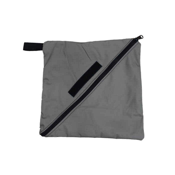 Image of 23ZERO upcycled soft shell repair material storage bag in grey fabric with black diagonal zipper and carry strap, front view on white background.
