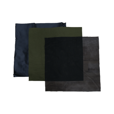 Image of 23ZERO soft shell repair material fabric panels in assorted colors including navy, olive green, black and grey, layered square swatches displayed on white background.