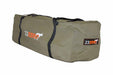 Image of 23ZERO heavy-duty storage duffel bag, olive green canvas with black carry straps and white/orange logo, angled front and side view on white background.