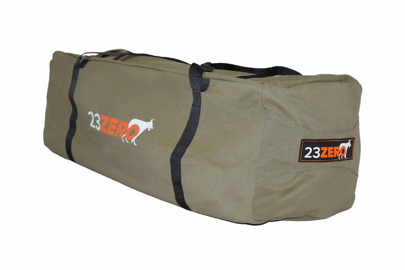 Image of 23ZERO Swag Bag 1400 replacement canvas carry bag, olive green fabric with black webbing straps and logo branding, angled front and side view on white background.