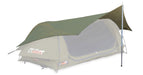 Image of 23ZERO Dual 110 swag tent with green flysheet extended over dome tent, arched pole support, angled front and side view on white background.