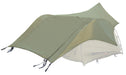 Image of 23ZERO Dual Swag flysheet in olive green fabric partially deployed over dome tent, extended awning coverage with tie-down straps, angled side view on white background.