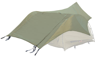 Image of 23ZERO Dual Swag flysheet in olive green fabric partially deployed over dome tent, extended awning coverage with tie-down straps, angled side view on white background.