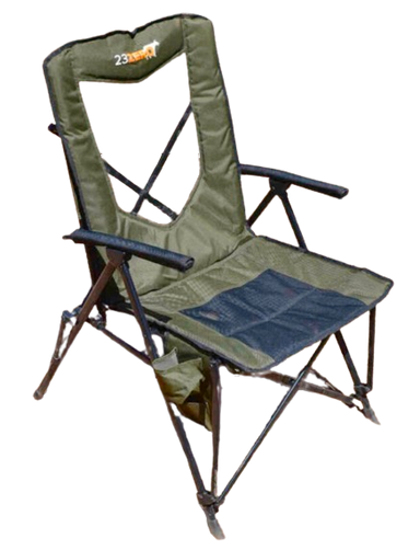 Image of a 23ZERO Tasman Chair, a green folding camp chair with a high back and black mesh seat. The chair features a cup holder and is shown from an angled front view