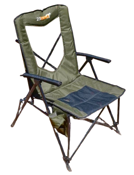 Image of a 23ZERO Tasman Chair, a green folding camp chair with a high back and black mesh seat. The chair features a cup holder and is shown from an angled front view