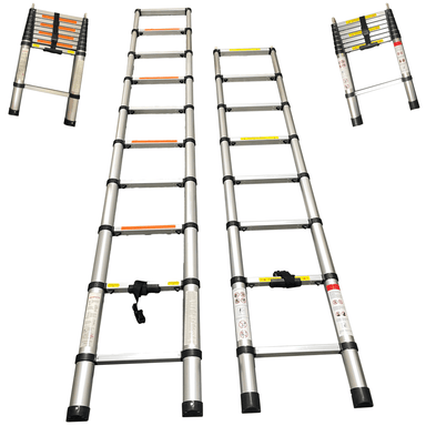 Image of two extended silver telescopic ladders standing upright in the center, flanked by two more ladders shown in their collapsed A-frame configuration in the top corners, all on a white background.