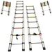 Image of two extended silver telescopic ladders standing upright in the center, flanked by two more ladders shown in their collapsed A-frame configuration in the top corners, all on a white background.