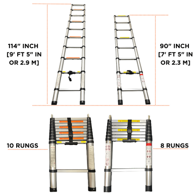 Image showcasing two silver telescopic ladders, one with 10 rungs extending to 114 inches (9 ft 5 in or 2.9 m) and another with 8 rungs extending to 90 inches (7 ft 5 in or 2.3 m), shown both extended and collapsed with their respective measurements.