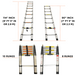Image showcasing two silver telescopic ladders, one with 10 rungs extending to 114 inches (9 ft 5 in or 2.9 m) and another with 8 rungs extending to 90 inches (7 ft 5 in or 2.3 m), shown both extended and collapsed with their respective measurements.
