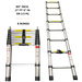 Image of an 8-rung silver telescopic ladder displayed in both its collapsed and extended forms, measuring 90 inches (7 ft 5 in or 2.3 m) when extended.