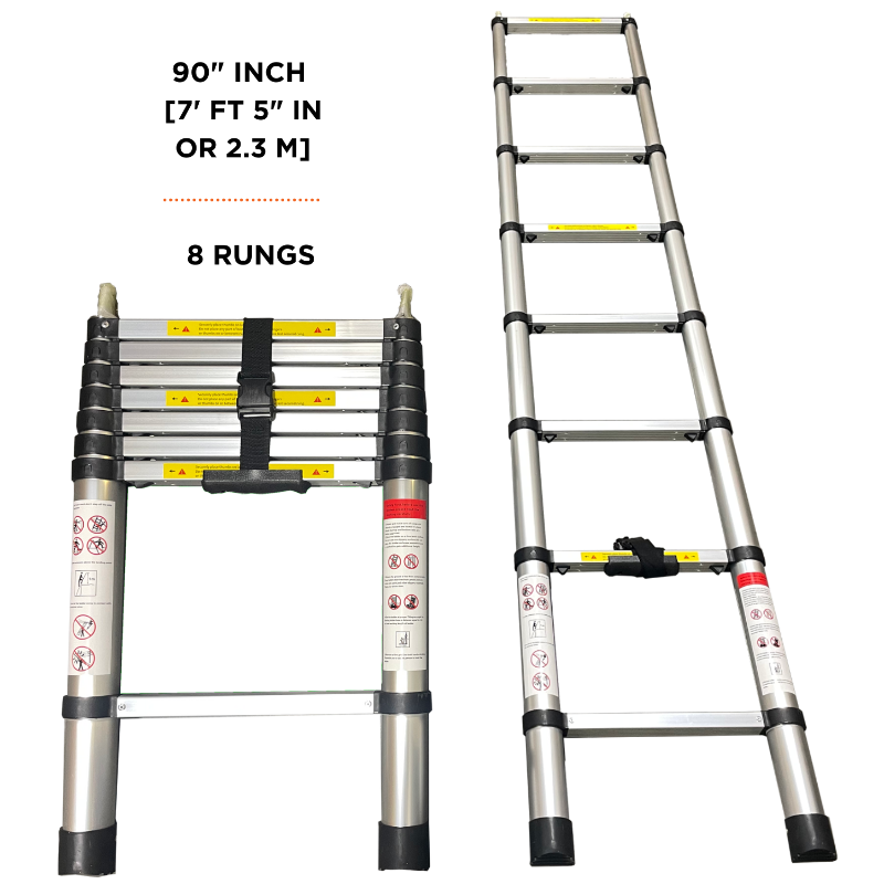 Image of an 8-rung silver telescopic ladder displayed in both its collapsed and extended forms, measuring 90 inches (7 ft 5 in or 2.3 m) when extended.