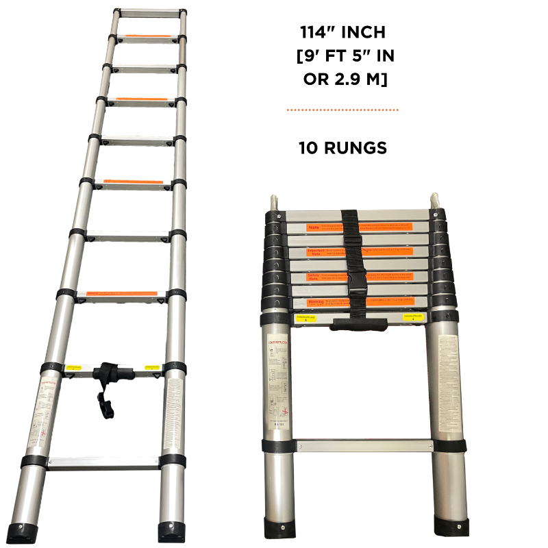 Image of a 10-rung silver telescopic ladder displayed in both its extended and collapsed forms, measuring 114 inches (9 ft 5 in or 2.9 m) when extended.