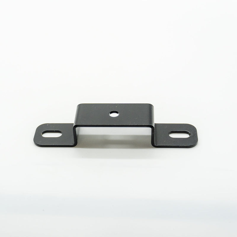 Image of a black powder-coated steel Z-shaped mounting bracket with slotted end holes and center round hole, front view on white background.