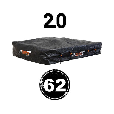 Image of a black packed roof top tent on a white background, with "2.0" at the top and "62" in a circle at the bottom.